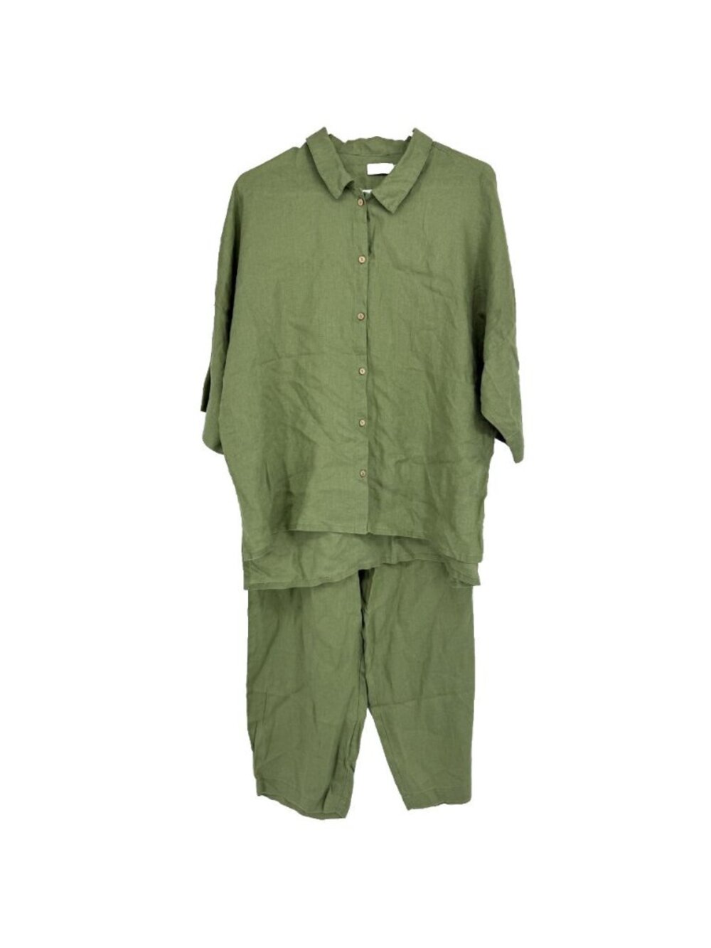 Magic Linen Women XL 100% Linen Set 2 Piece Outfit Green Blouse Pant Breathable